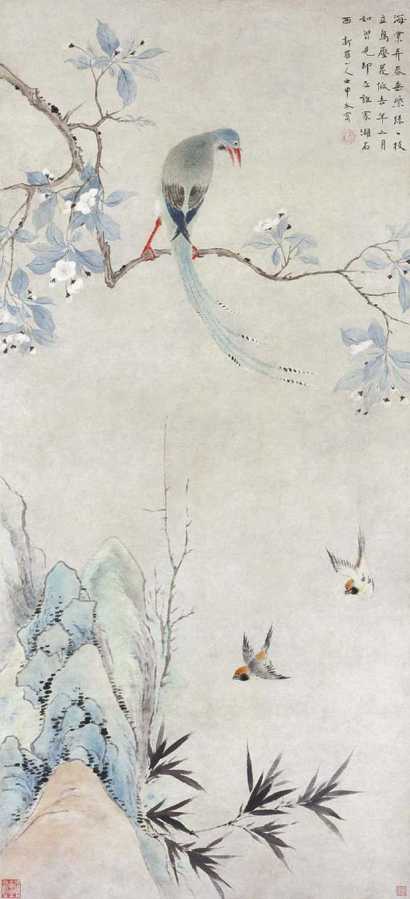 华嵒 1752年作 海棠小鸟 立轴